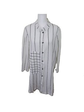 Moonlight Y&S White W/Striped  Button-Up Tunic Blouse Long Sleeve Women's Size S